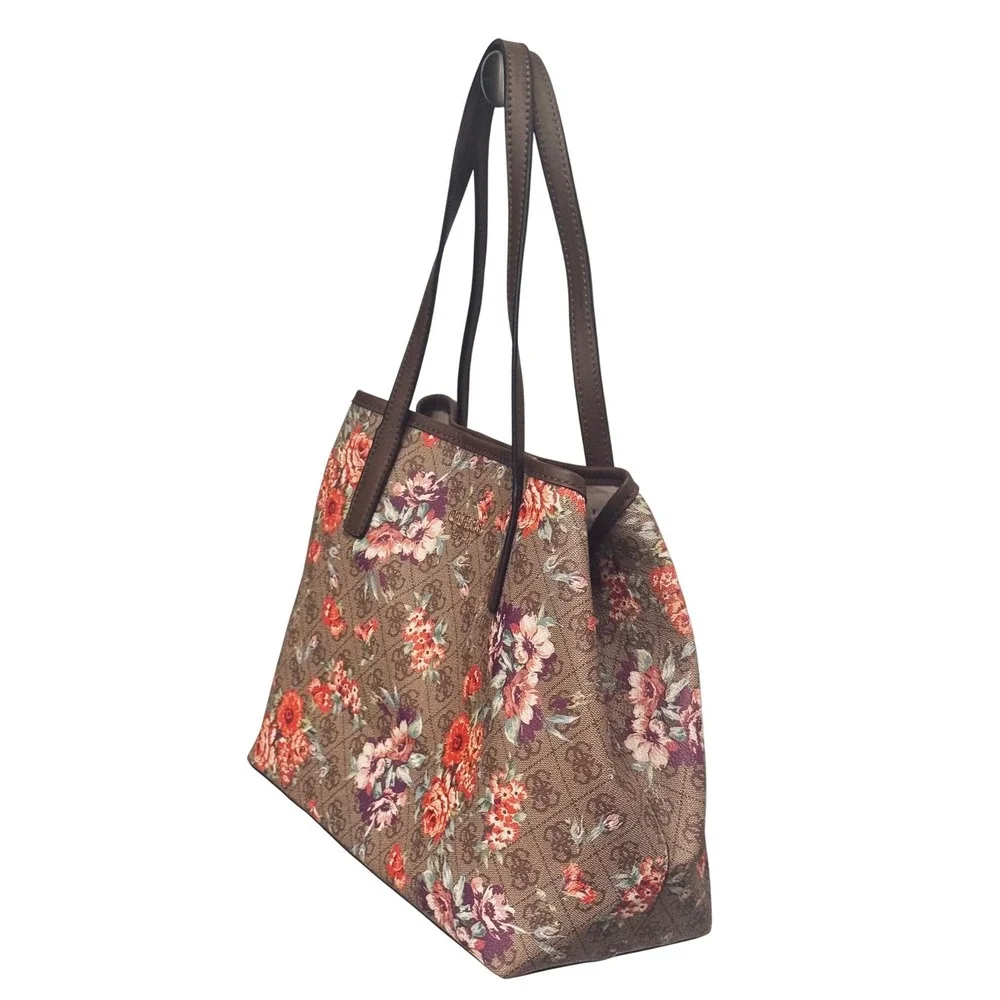 Guess Vikky floral Monogram‎ Tote Bag Brown Rose Print FL699523 11x13x6